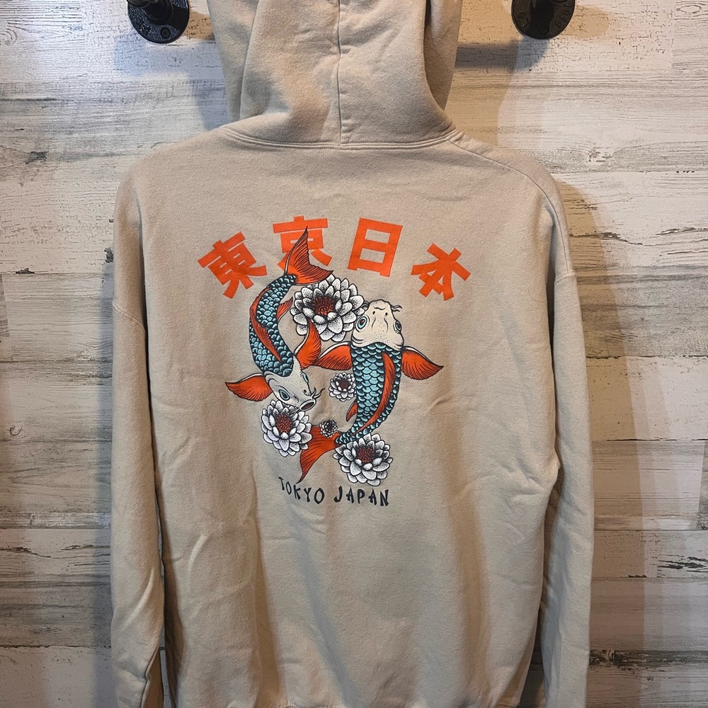 Tan Hoodie with Koi Fish and Floral Design